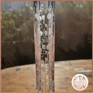 Pu&ograve; includere: Un vaso alto di vetro trasparente con motivi floreali incisi. Il vaso ha una forma sottile e rettangolare ed &egrave; decorato con delicati disegni ripetuti di fiori e foglie stilizzate. Lo sfondo &egrave; sfocato.