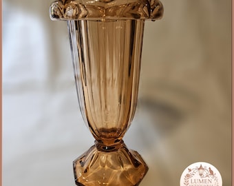 Vintage Amber Art Glass Vase with Sculptural Curved Rim – Hand Blown Decorative Vase