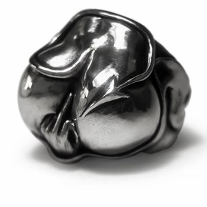 May include: A silver ring with a detailed, abstract design. The ring is made of metal and has a smooth, polished finish.