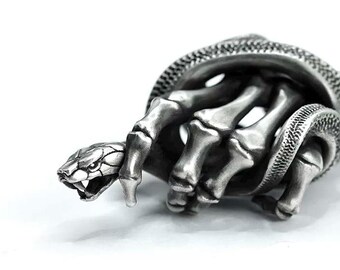 Snake in Skeleton Hand Silver Pendant Snake Gothic Pendant Handmade Artwork Eternity Healing Pagan Silver Men's Necklace Biker Pendant