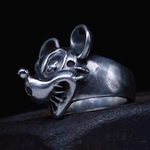 Ond Musse Pigg Ring Massivt Sterlingsilver Demon Läskig Mus Ring Unisex Ring Rock Biker Ring bild 3