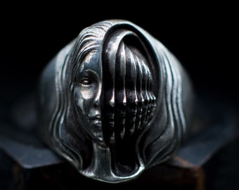 Anillo de plata maciza oxidada hecho a mano con diseño de caras, anillo gótico con ilustraciones, anillo personalizado con personajes divididos, anillo de motociclista punk rock.