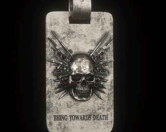 May include: A rectangular, silver pendant featuring a skull motif with weapons arranged as wings. The text "BEING TOWARDS DEATH" is inscribed at the base. The pendant has a textured finish and a loop for a chain. The overall design is dark.