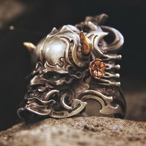 Prajna Hannya Ring Handmade Silver Hannya Mask Ring Japanese Demon Devil Ring Prajna Jewelry Wiccan Pagan Witch Ring Punk Rock Biker Ring