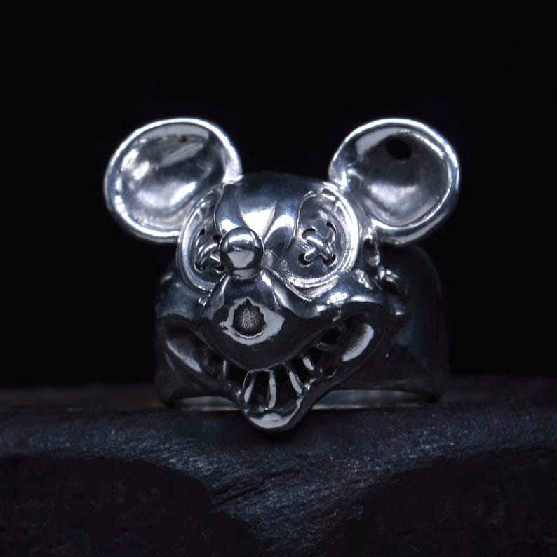 Ond Musse Pigg Ring Massivt Sterlingsilver Demon Läskig Mus Ring Unisex Ring Rock Biker Ring bild 5