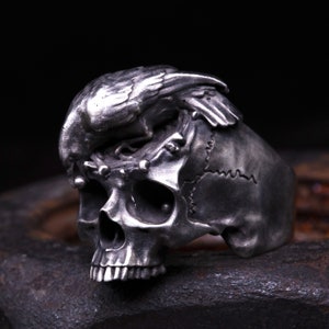 Silver Skull Crow Raven Collectable Handmade Silver Ring Custom Goth Bird Nest Ring Gothic Bird Animal Masonic Biker Ring
