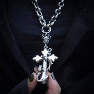 Cross Crown Silver Rosary Necklace Sterling Silver Holy Cross Pendant Gothic Punk Rocker Biker Faith Religion Necklace