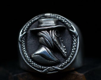 Anillo de médico de la peste, máscara con pico, máscara de cuervo, cuervo gótico, hecho a mano, plata, anillo pagano con runas, étnico, vikingo, steampunk, anillo de motorista