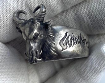 Beast of Demon Ring Pagan God, Evil Goat Heavy Metal Medieval art Handmade Solid Sterling Silver Ring Gothic Viking SkullWitch Ring