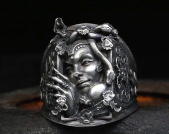 Gorgo Medusa Snake Serpent Ring Greek Hero Handmade Gothic 925 Solid Silver Men's Signet Ring Greek Mythology Medusa Boho Ring