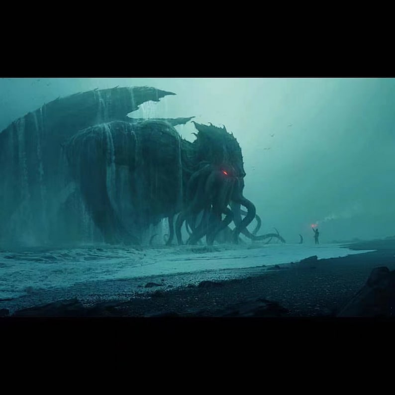 May include: A large, green, tentacled creature with glowing red eyes emerges from the ocean, standing on a black sand beach. A small figure with a torch stands on the shore, looking up at the creature.