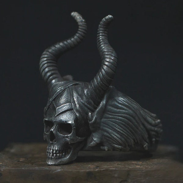 Maleficent Horned Skull Devil Demon Handmade Artisan Silver  Gothic Biker Ring