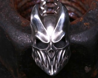 Hoorns duivel hanger demon schedel hoorns ring massief handgemaakte zilveren brute zilveren duivel gehoornde schedel masker Goth biker hanger