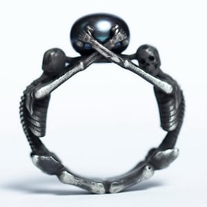 Full Skeleton Black Pearl Ring Skull Handmade Silver Gothic Ring Gothic Jewelry Engagement Ring Birthday Gift  Vivid Artwork