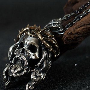 Jesus Christ Skull Solid Silver Pendant Handmade Vintage Antique Finish Rebel Rock Punk Biker Pendant  Christian Religious Gift