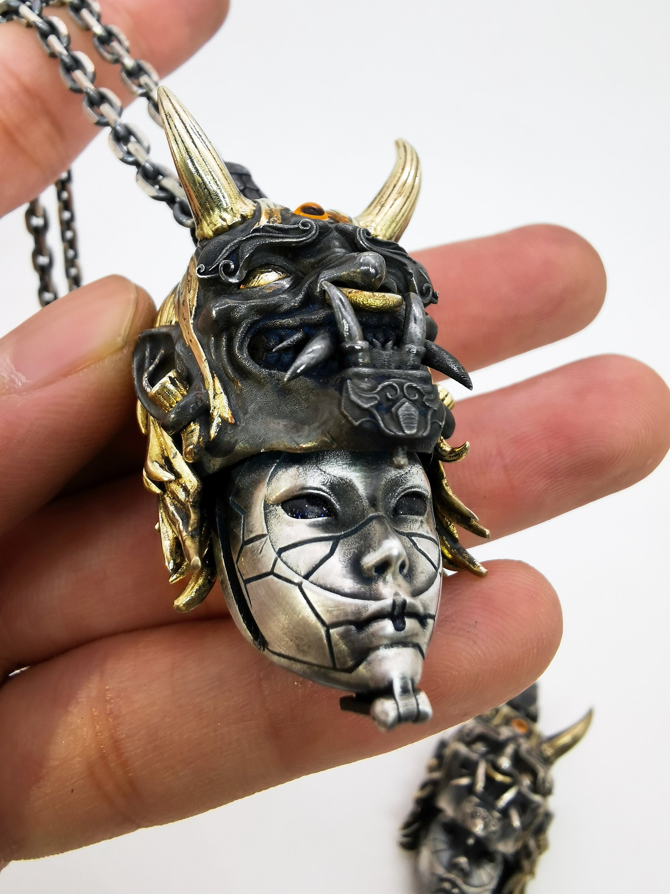 Prajna Hannya Demon Pendant Handcraft Handmade Solid Silver Opal