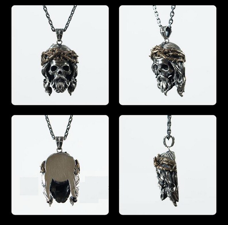 May include: Silver pendant necklace featuring a detailed skull with a crown of thorns. The pendant is shown from four different angles.