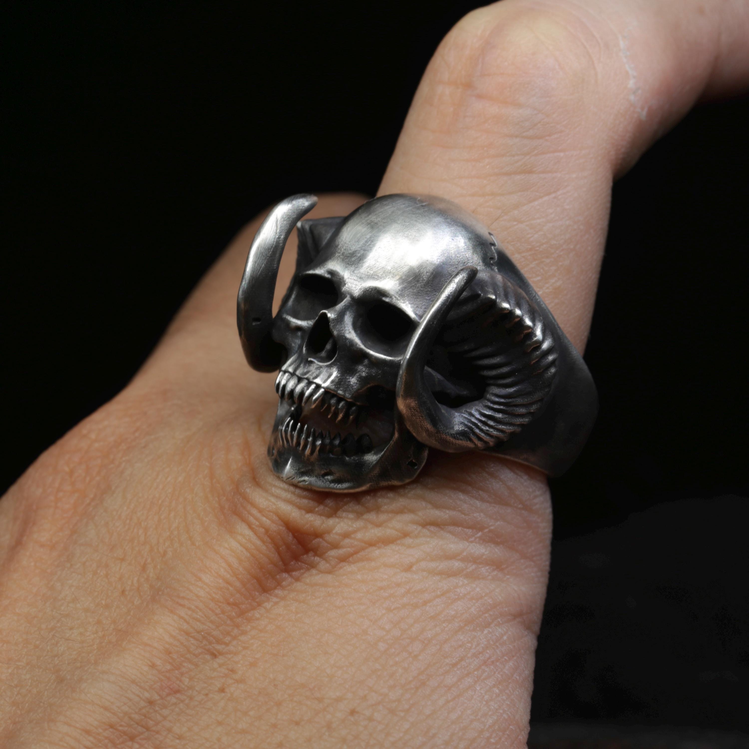 Horns Devil Ring Demon Skull Horns Ring Massive Handmade Silver Brutal ...