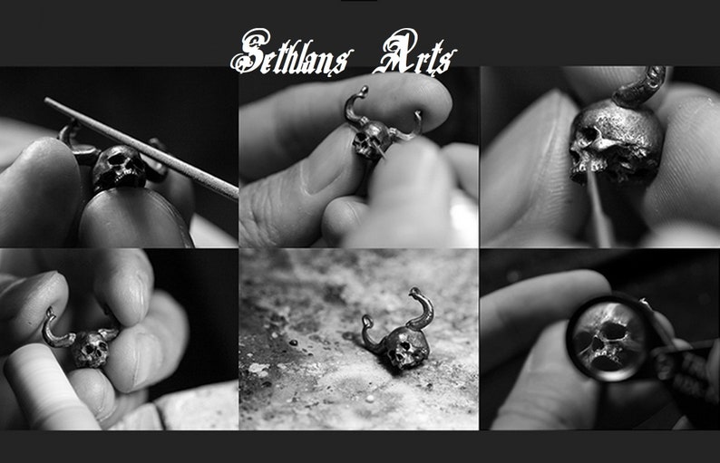 May include: A close-up of a silver skull pendant with horns being crafted by hand. The pendant is being held by a person's fingers. The image is divided into nine sections, with the top section showing the text "Sethlans Arts".
