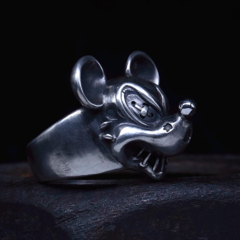 Ond Musse Pigg Ring Massivt Sterlingsilver Demon Läskig Mus Ring Unisex Ring Rock Biker Ring bild 6
