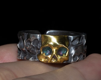 Gold Skull Ring Handmade 24K Gold Silver Skull Artwork Ring Gothic Ring Viking Skull Ring Biker Oxidised Antique Finish Ring