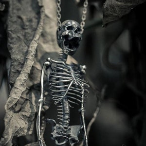 Skeleton Pendant + Chain Silver Skull Necklace Gothic Artwork Necklace Handmade Customised Rocker Biker Halloween Skeleton Brooch Jewelry