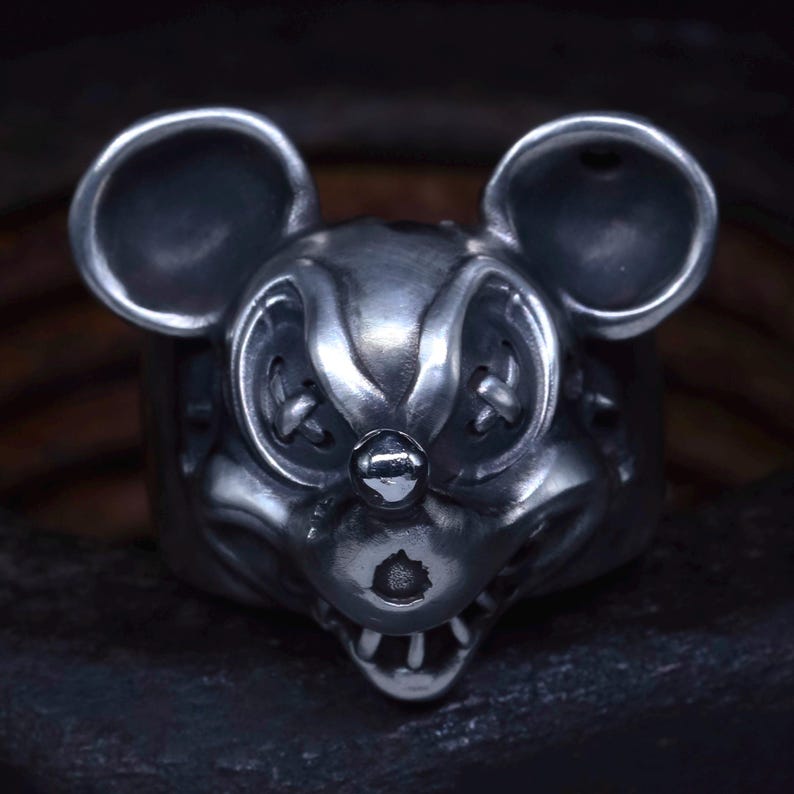 Ond Musse Pigg Ring Massivt Sterlingsilver Demon Läskig Mus Ring Unisex Ring Rock Biker Ring bild 1