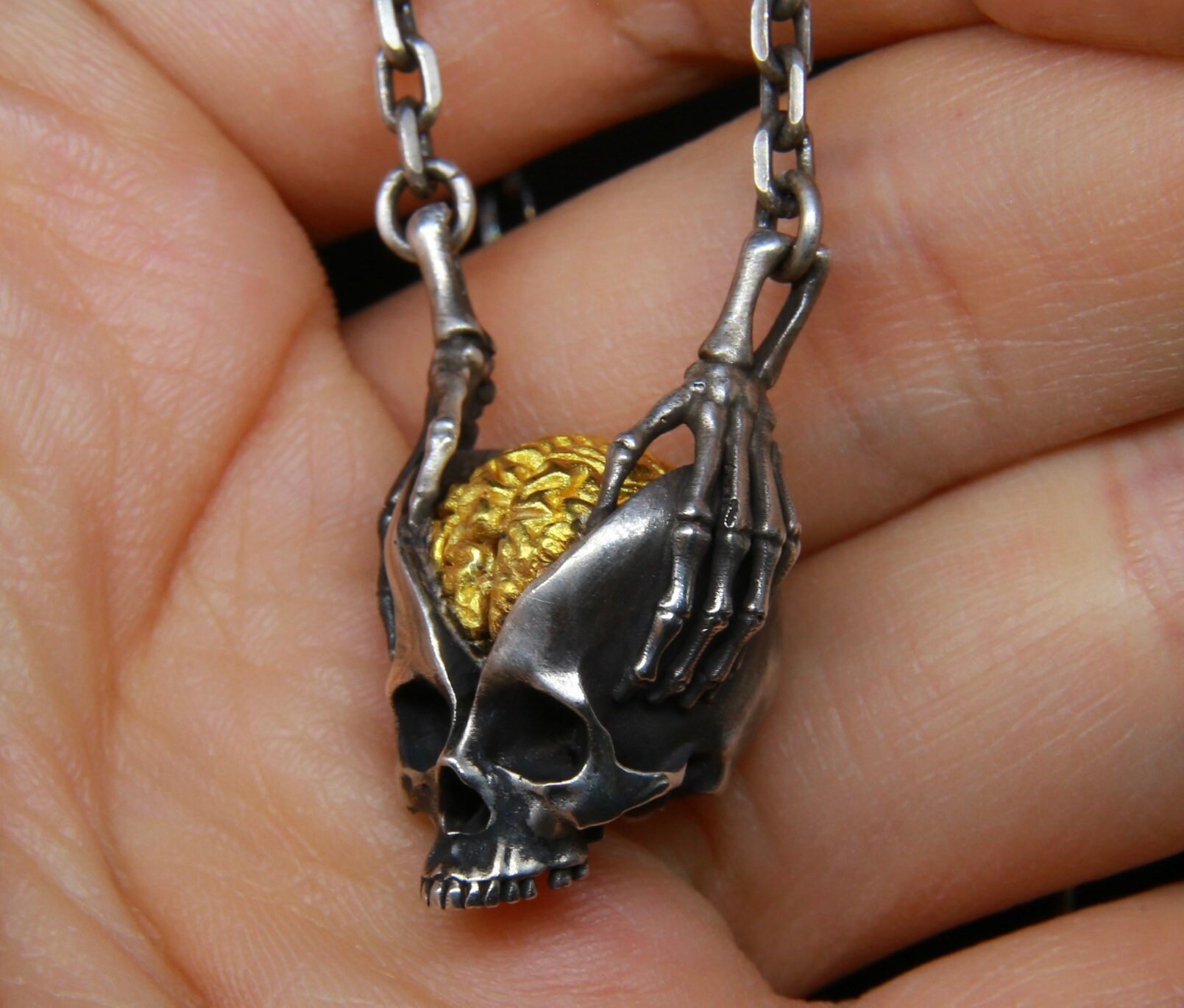 Silver Skull Skeleton Hands Gold Brain Pendant Gold Skull