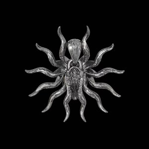 May include: A silver pendant in the shape of a stylized sun with a central design resembling a stylized flower or a creature with tentacles.