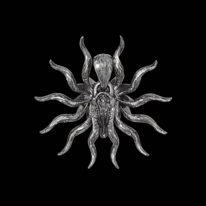 May include: A silver pendant in the shape of a stylized sun with a central design resembling a stylized flower or a creature with tentacles.