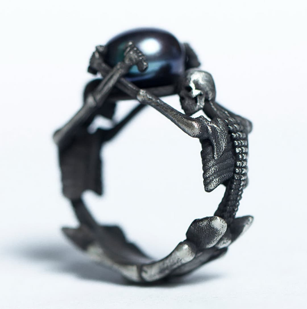 Full Skeleton Black Pearl Ring Skull Handmade Silver Gothic Ring Gothic ...