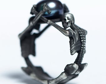 Full Skeleton Black Pearl Ring Skull Handmade Silver Gothic Ring Gothic Jewelry Engagement Ring Birthday Gift  Vivid Artwork