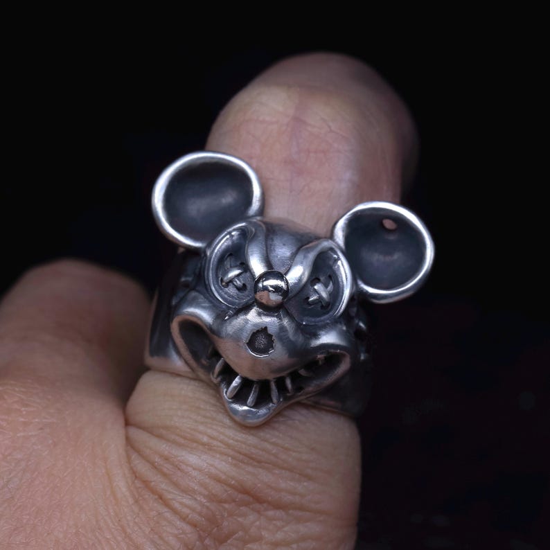 Ond Musse Pigg Ring Massivt Sterlingsilver Demon Läskig Mus Ring Unisex Ring Rock Biker Ring bild 4