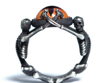 Artificial Eye Silver Skull Skeleton Ring Black Pearl Ring Ocular Prosthesis Skull Handmade Gothic Jewelry Engagement Ring Birthday Gift