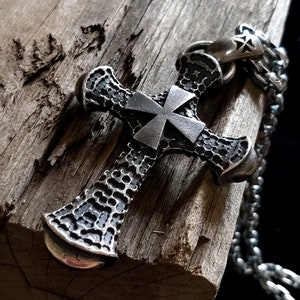 Silver Cross Necklace Vintage Antique Finish Pendant Masonry Holy Cross Pendant Necklace Gothic Necklace Punk Rocker Biker Faith Religion