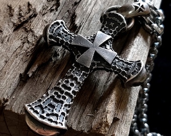 Silver Cross Necklace Vintage Antique Finish Pendant Masonry Holy Cross Pendant Necklace Gothic Necklace Punk Rocker Biker Faith Religion