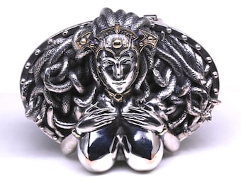 Medusa Goddess Snake Silver Belt Buckle Pendant Necklace Greek Gorgon Monster Demon Evil Goddess Handmade 3D Medusa Art