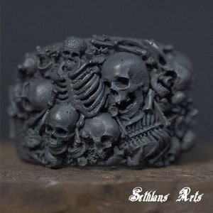 Handmade Sterling 925 Silver Skull Ring Steampunk Cross Ring Biker Punk Gothic Raven Skull Skeleton Artwork Pendant Ring Aged Finish Ring