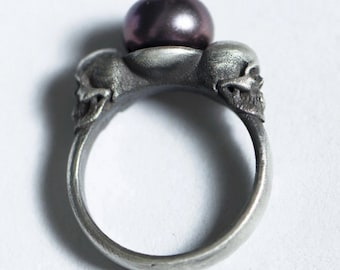 Pearl Skull Ring Engagement Ring Natural Black Pearl Ring Silver Pendant Ring Skull Artwork Silver Skull Gothic Ring Rock Biker Ring
