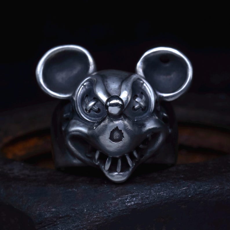 Ond Musse Pigg Ring Massivt Sterlingsilver Demon Läskig Mus Ring Unisex Ring Rock Biker Ring bild 2