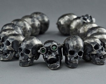 Pulsera de calavera de plata maciza hecha a mano para hombre, pulsera de calavera de plata, cadena gótica vintage, acabado antiguo, pulsera de calavera de plata estilo rock and roll para motociclista.