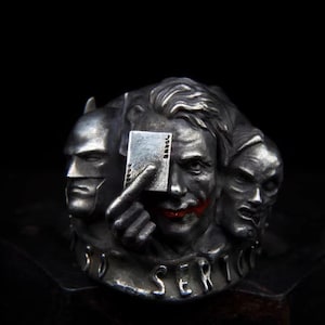Joker Silver Ring Clown 5 Joker Faces Ring Craft Handmade Ring Large Men&#39;s Solid Silver Biker Jewelry Gothic Personalised Gift Biker Ring