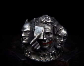 Anillo de plata Joker, anillo de payaso con 5 caras de Joker, anillo artesanal hecho a mano, anillo grande de plata maciza para hombre, joyería de motociclista, regalo gótico personalizado, anillo de motociclista