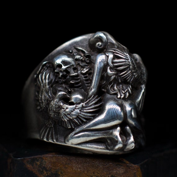 Skull Skeleton Horned Devil Raven Crow Gothic Solid Silver Ring Handmade Steampunk Personalised Oxidised Antique Finish Rock Punk Biker Ring