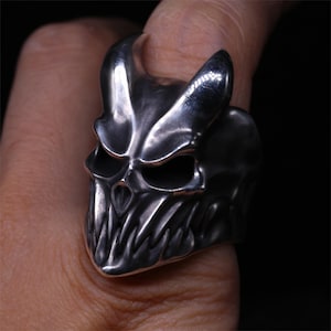 Horns Devil Ring Demon Skull Horns Ring Massive Handmade Silver Brutal Silver Devil Ring Horned Skull Mask Ring Goth Biker Ring