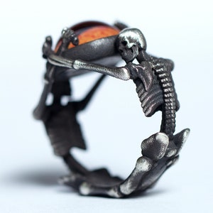 Artificial Eye Silver Skull Skeleton Ring Black Pearl Ring Ocular Prosthesis Skull Handmade Gothic Jewelry Engagement Ring Birthday Gift