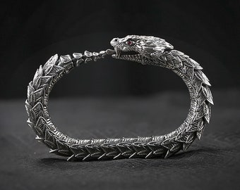 Serpente Uroboro Serpente a sonagli Drago Bracciale in argento Bracciale vichingo gotico Bracciale a catena Steampunk Bracciale rock n roll motociclista