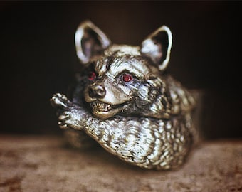 Anillo de plata con forma de mapache, anillo gótico de plata maciza hecho a mano, anillo de regalo para amantes de los animales, joyería ajustable con forma de mapache para mascotas