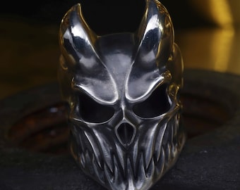 Horn Djävulsring Demonskalle Hornring Massiv Handgjord Silver Brutal Silver Djävulsring Hornskalle Maskring Goth Bikerring