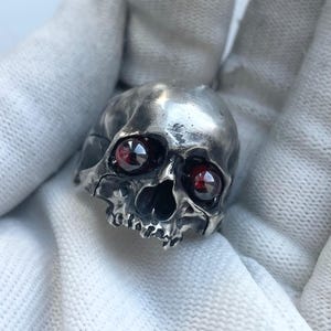 Sterling Silver Skull Ring: Movable Jaw, Garnet Red Eyes, Gothic Biker Ring